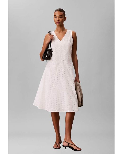 Calvin Klein White Broderie Anglaise V-Neck Dress
