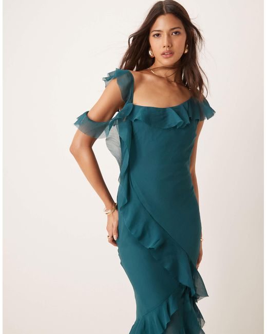 Sleeveless Asymmetric Shoulder Waisted Slit Maxi Dress