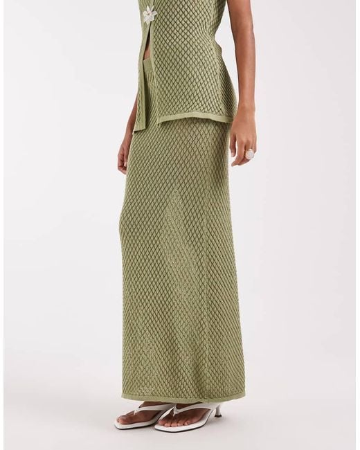 Pretty Lavish Green Pointelle Longline Maxi Skirt Co-Ord With Floral Broach