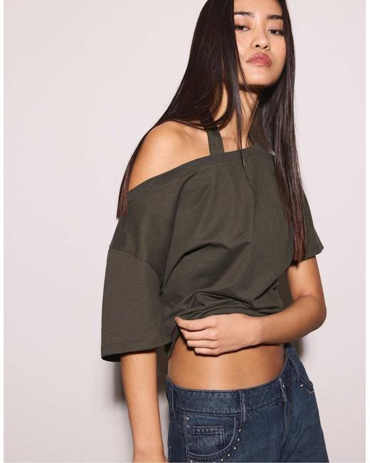 Stradivarius Brown Short Sleeve Boat Neck T-shirt With Gathers