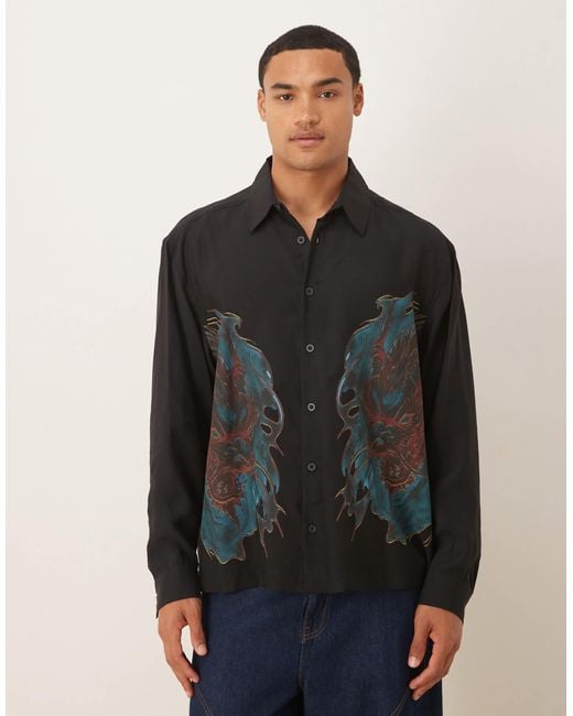 ASOS Black Oversized Square Collar Shirt With Dragon Print for men