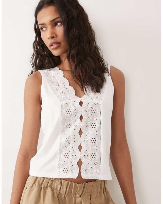 New Look White Broderie Detail Button Though Top