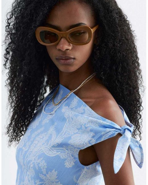 & Other Stories Blue Rich Linen Asymmetric Boatneck Midi Dress