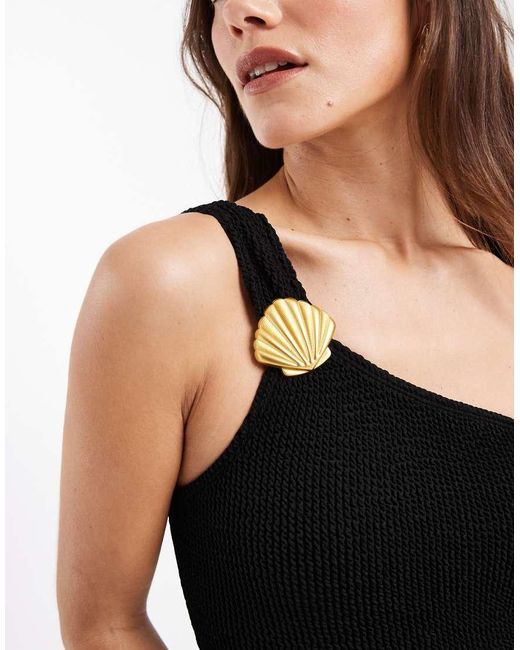 4th & Reckless Black Crinkle One Shoulder Gold Shell Hardware Detail High Leg Swimsuit