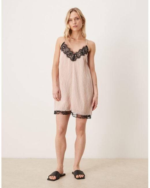 ASOS Natural Asos Design Petite Cami V-neck Mini Dress With Lace Overlay