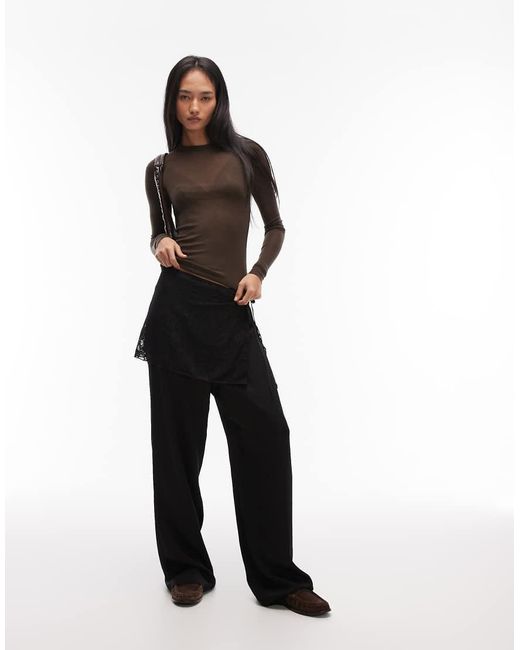 Reclaimed Vintage Blue Wide Leg Satin Trousers With Lace Belt Overlay