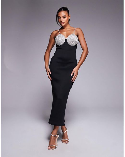 Robe mi-longue en néoprène avec soutien-gorge ornementé - /argenté ASOS en coloris Blue