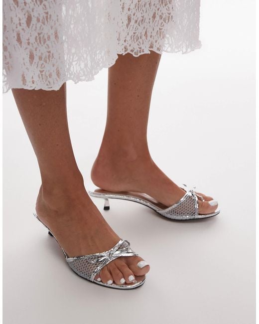 TOPSHOP White Imai Mesh Mid Heeled Mules With Bow Detail
