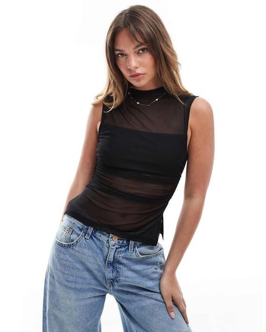 ASOS Blue Grown On Neck Ruched Sides Sheer Mesh Top