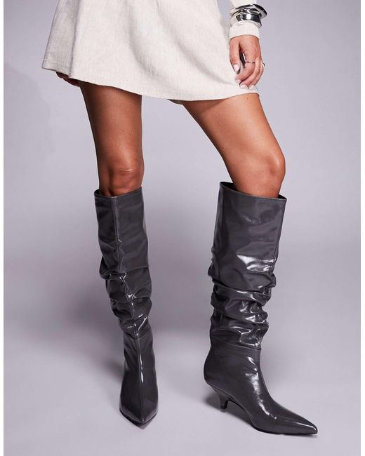 Public Desire Gray La Dolce Vita Ruched Kitten Heel Knee Boots