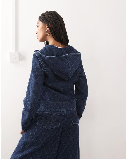 Collusion Blue Denim Hooded Argyle Print Jacket for men