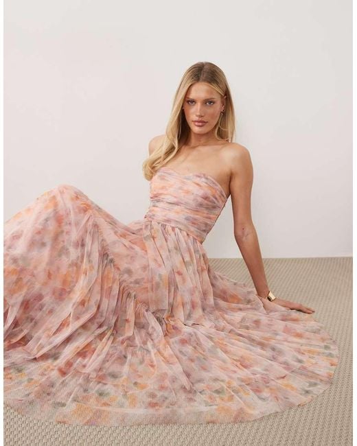 LACE & BEADS Pink Bandeau Ruched Tiered Tulle Maxi Dress