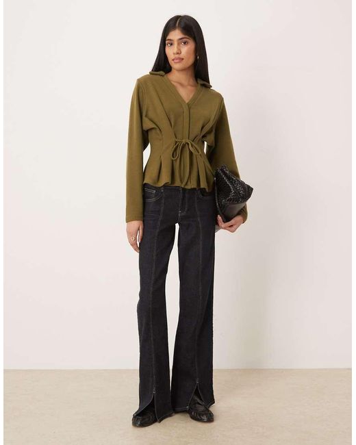 ASOS Green Supersoft Tie Detail Cinched Long Sleeve Polo Top