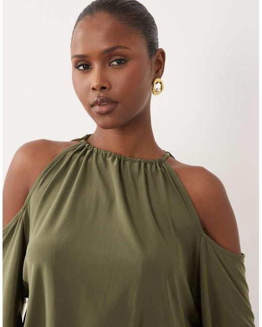 ASOS Green Slinky Cold Shoulder Blouson Top With Balloon Sleeves
