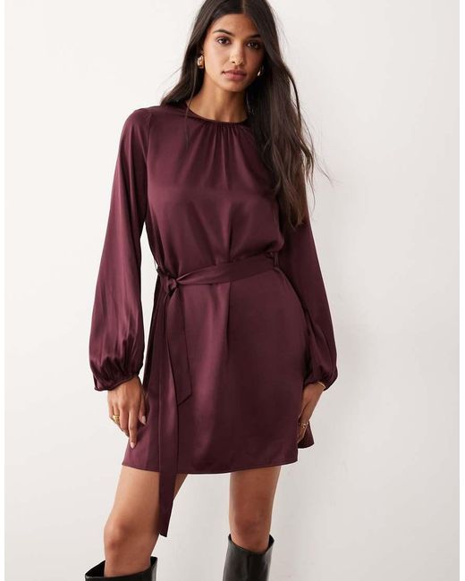 Vila Red Balloon Sleeve Satin Tie Waist Mini Dress