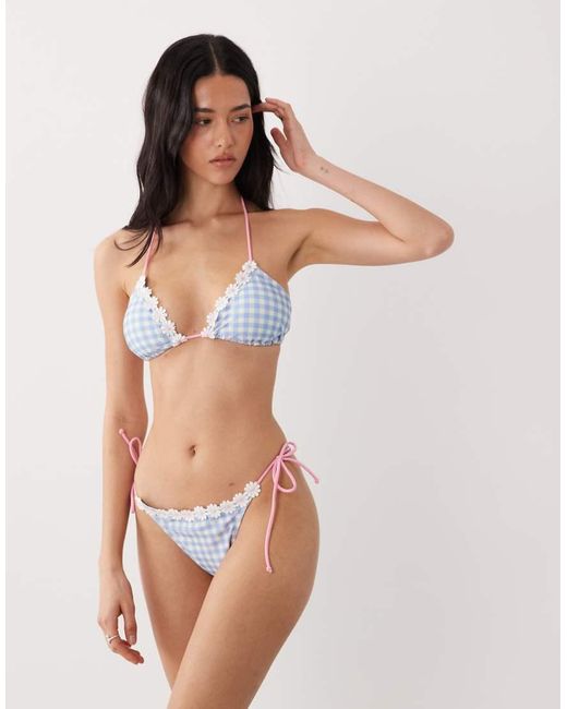 Brave Soul Blue Gingham Print Tie Side Bikini Bottoms With Flower Embroidery