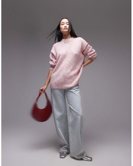 TOPSHOP Gebreide Oversized Trui Met Contrasterende Zichtbare Naden in het Gray