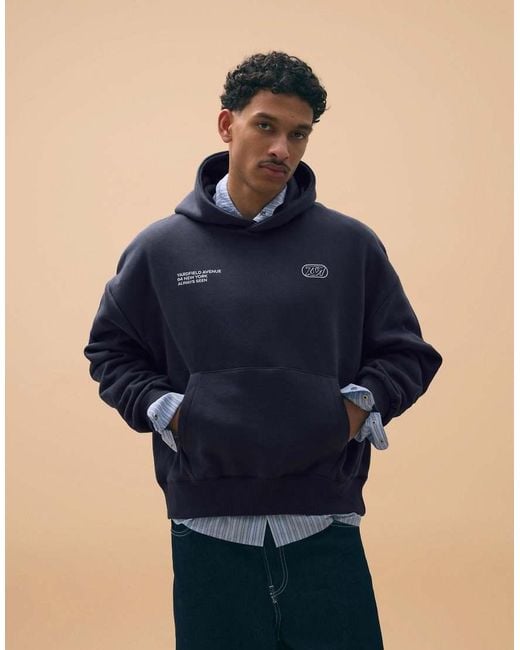 Bershka Blue Embroidered Boxy Hood Sweatshirt for men