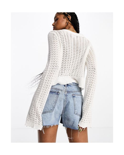 Pieces Crochet Tie Up Cardigan in White | Lyst