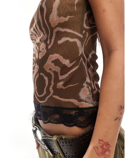 Collusion Brown Printed Singlet With Lace Trim