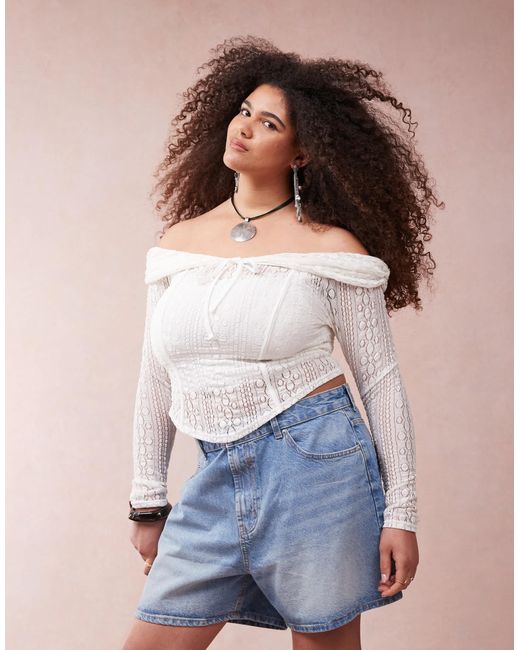ASOS Blue Asos Design Curve Lace Off The Shoulder Long Sleeve Top With Tie Detail-white