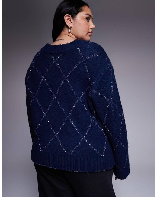 Renee Studio Blue Fluffy Knit Tinsel Argyle Detail Star Button Cardigan