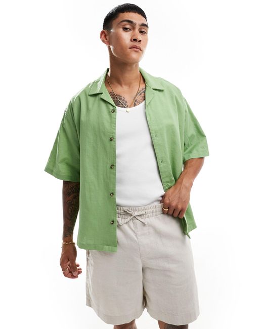 ASOS Green Boxy Oversized Linen Blend Shirt With Revere Collar for men