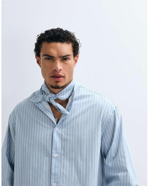 ASOS Blue Boxy Oversized Poplin Stripe Shirt With Neck Tie for men