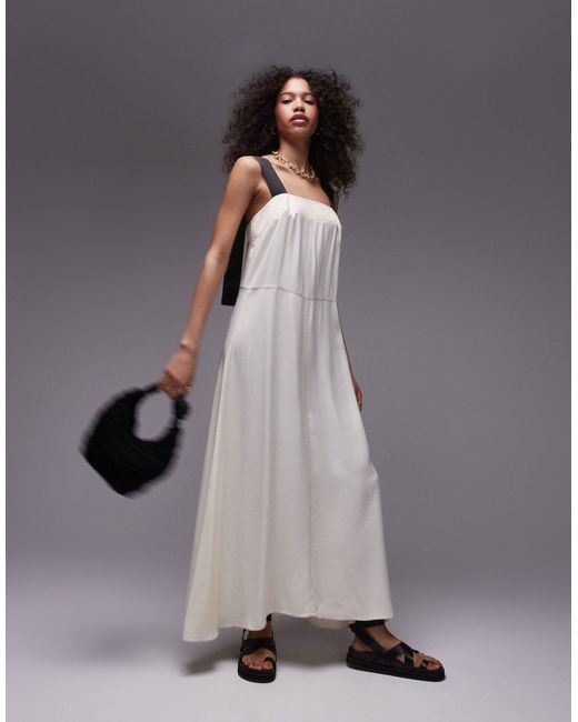 TOPSHOP Gray Premium Contrast Stitch Satin Twill Pinny Midi Dress
