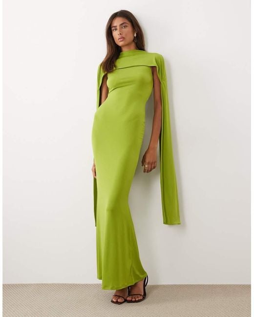 ASOS Green Slinky Sleeveless Maxi Dress With Extreme Cape Shoulder Detail
