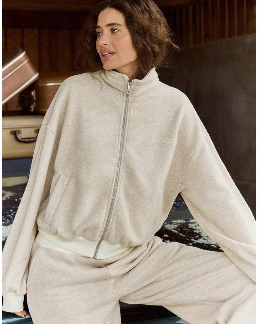 4th & Reckless Natural Cotton Rich Funnel Neck Zip Through Sweatshirt Co-ord