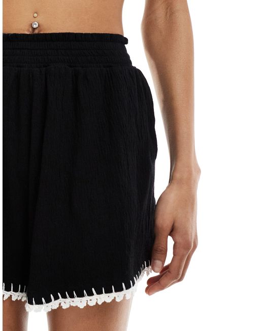 ASOS Black Co-ord Crochet Trim Ruched Waist Shorts