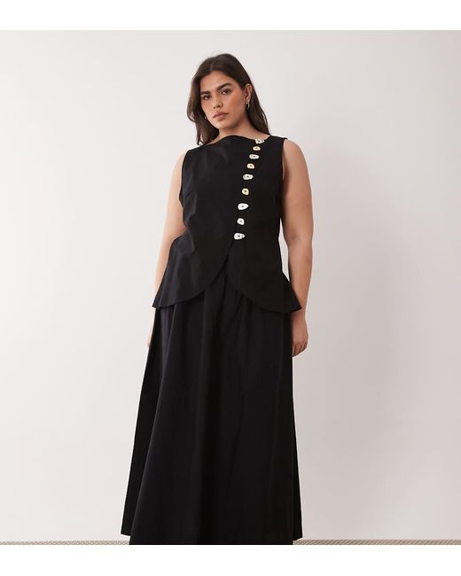 ASOS Black Asos Design Curve Linen Look Waistcoat Maxi Dress With Poplin Skirt