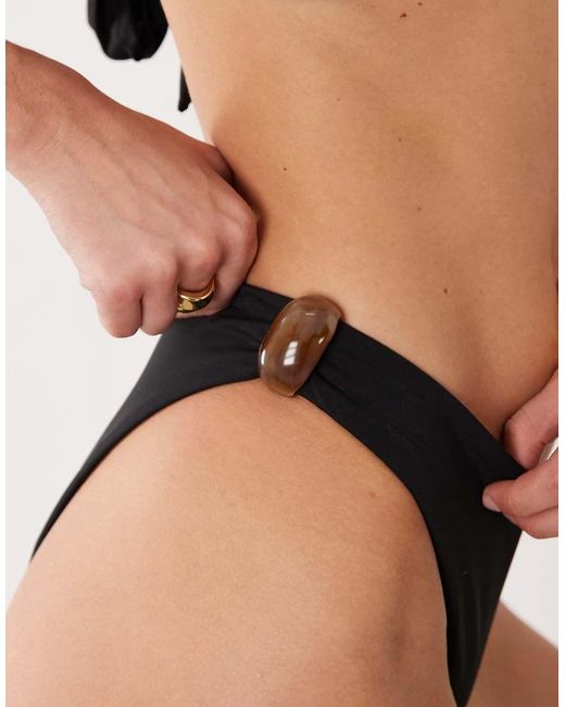 4th & Reckless Black Brown Resin Detail High Leg Brazilian Bikini Bottoms