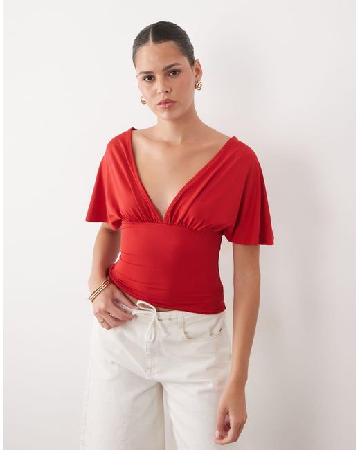 ASOS Red Polyamide Plunge Sleeveless Tie Back Cinch Top