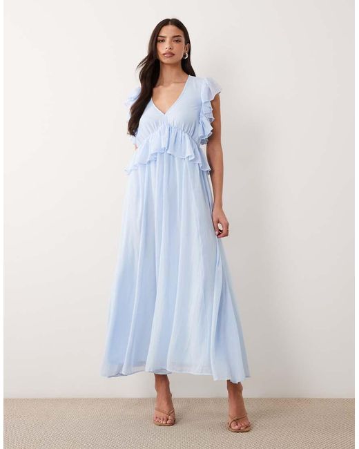 Y.A.S Blue Frill Detail Chiffon Maxi Dress