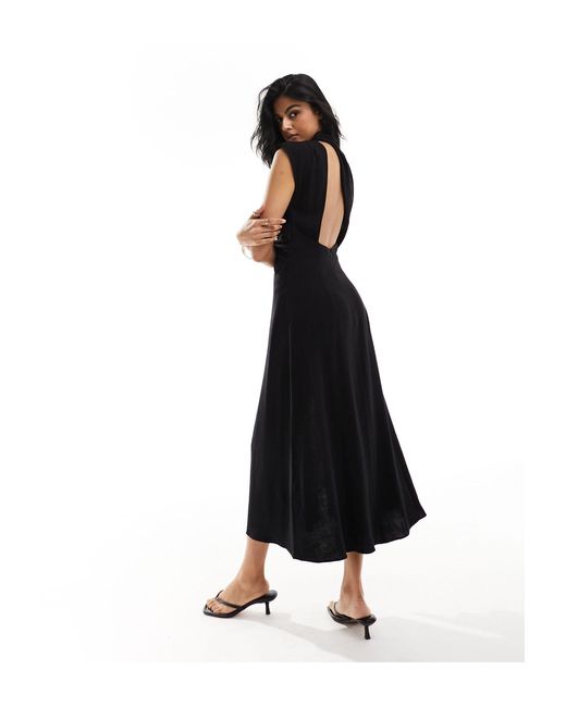 ASOS Black Linen High Neck Grown On Sleeve Midi Dress With Open Back And Button Neck Detail