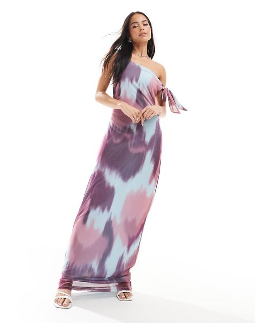 Vestido Largo Morado Asimétrico Con Estampado Difuminado Y Hombro Caído De Malla De Vero Moda de color Purple