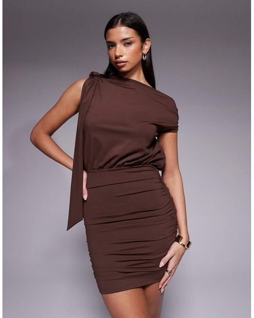 The Frolic Brown Exclusive Slinky Off Shoulder Tie Shoulder Mini Dress