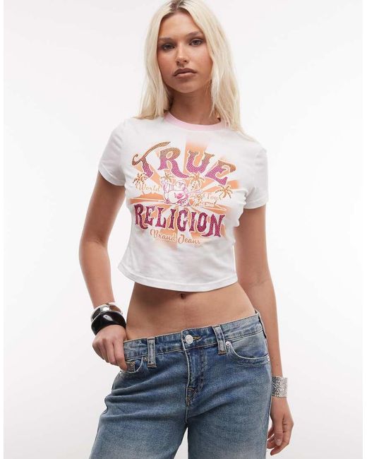 True Religion White Crystal Heritage Graphic Ringer Cropped Baby Tee