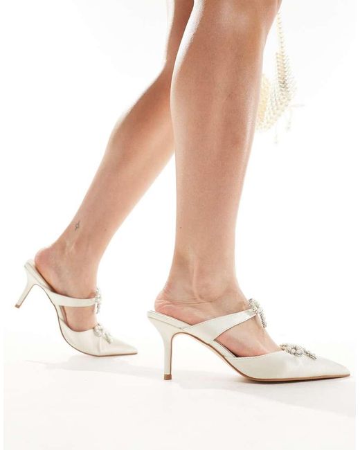 Glamorous White Bridal Pearl Embellished Bow Heeled Mules