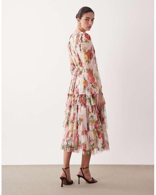 LACE & BEADS Pink Tulle Sheer Balloon Sleeve Tiered Midaxi Dress