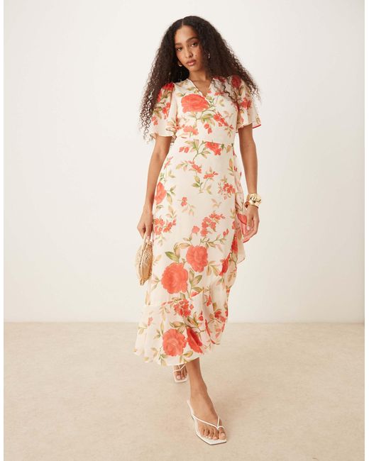 Y.A.S Pink Wrap Front Fluted Sleeve Chiffon Maxi Dress