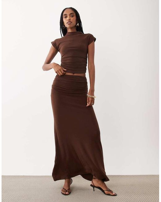 4th & Reckless Brown Ruched Side High Neck Short Sleeve Top