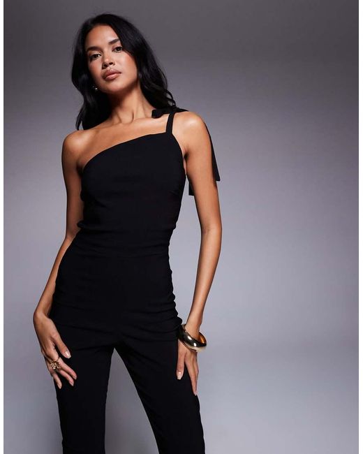 Vesper Blue Bengaline One Shoulder Tie Detail Flare Jumpsuit