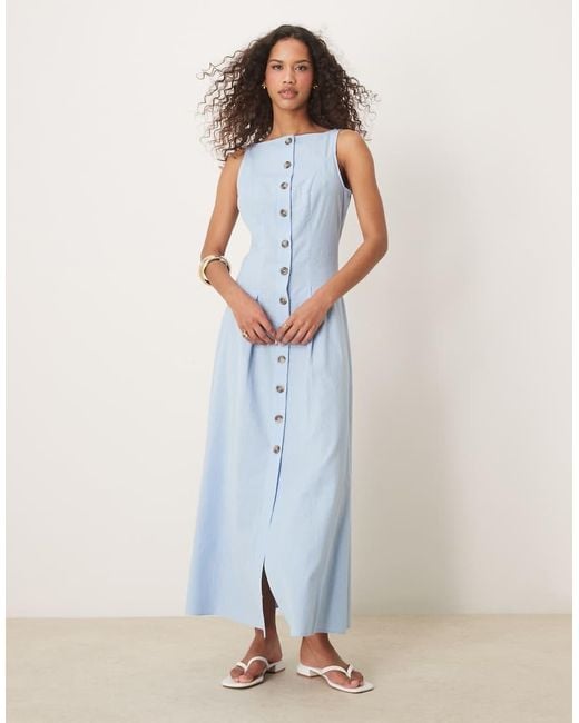 ASOS Blue Slash Neck Button Down Waistcoat Maxi Dress