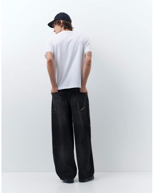Pull&Bear White Embroidered Super Baggy Jeans for men