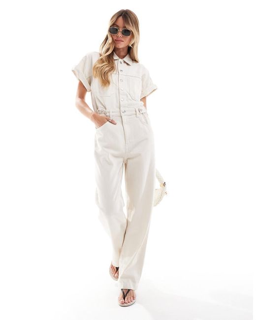 Mango White Short Sleeve Denim Jumpsuit