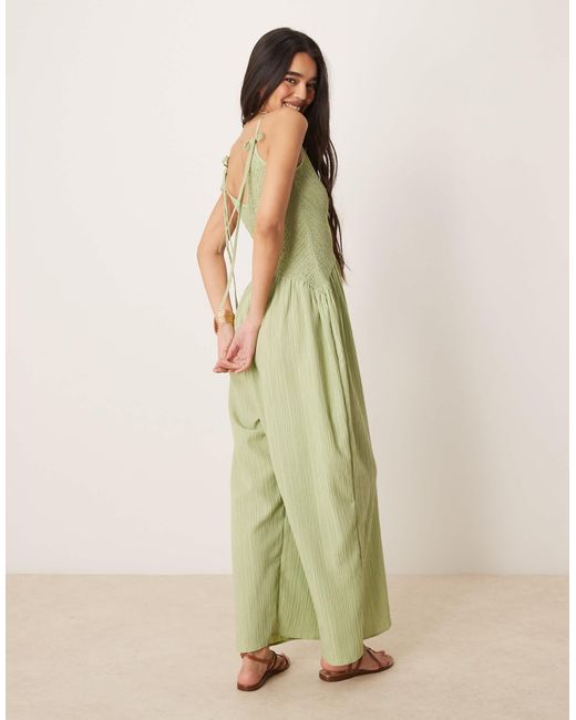 ASOS Green V Neck Poly Crinkle Dropped Waist Jumpsuit