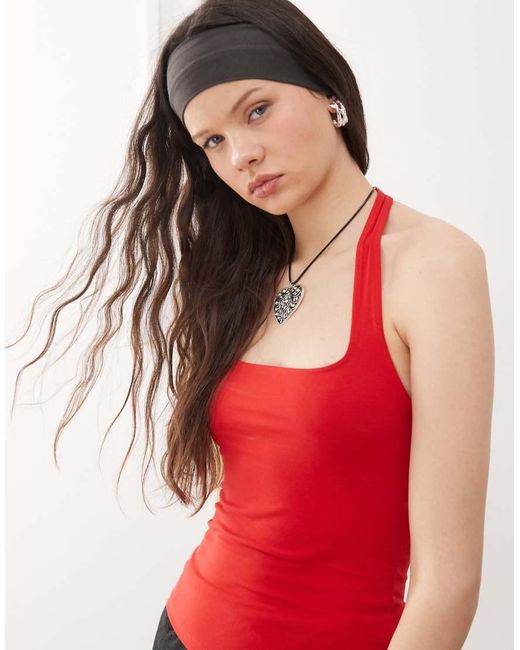 Top Slim Allacciato Al Collo Con Scollo Quadrato di Weekday in Red